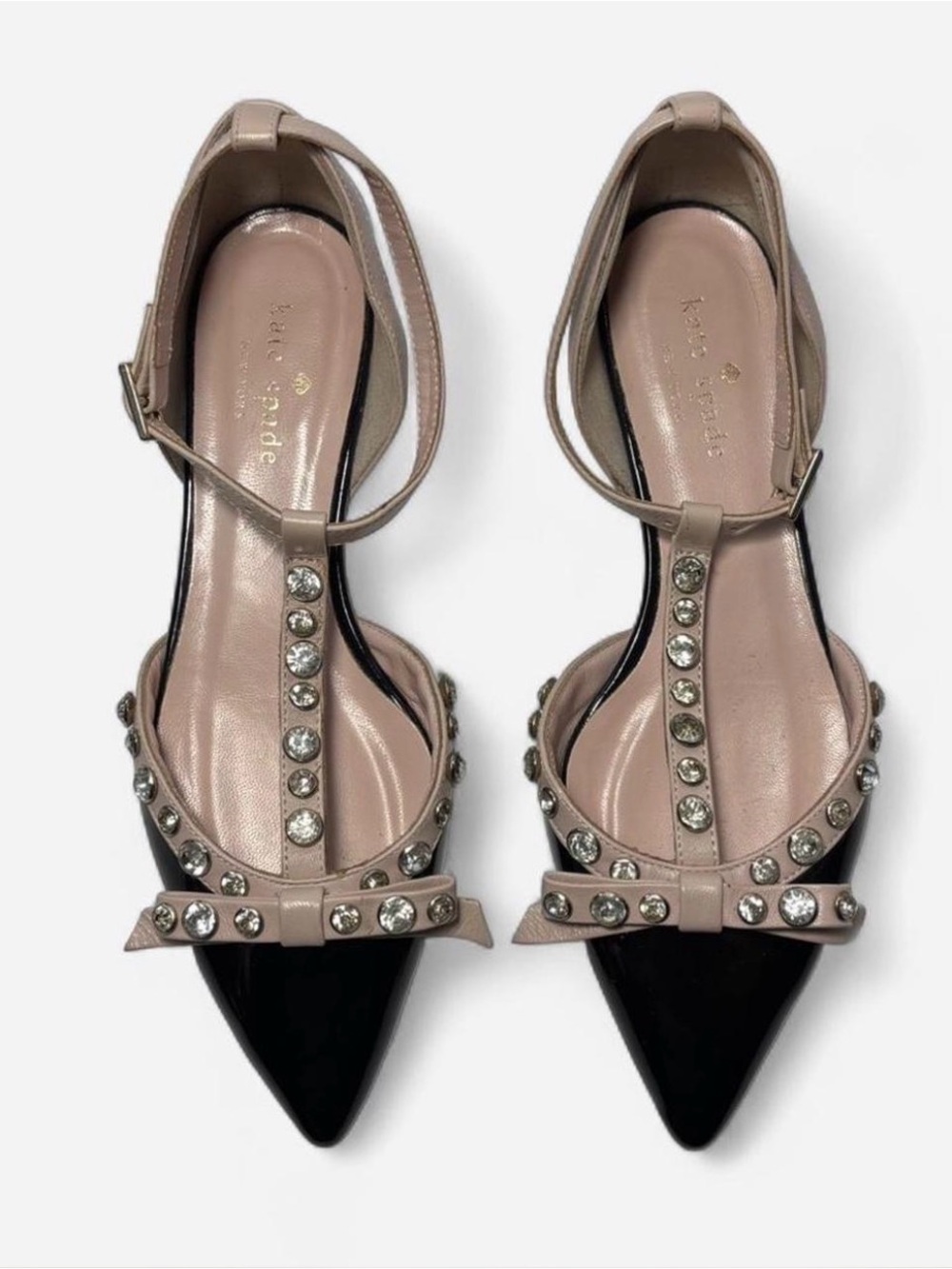 kate spade Two-Tone Crystal T-Strap Pointed Flats - Blush & Black